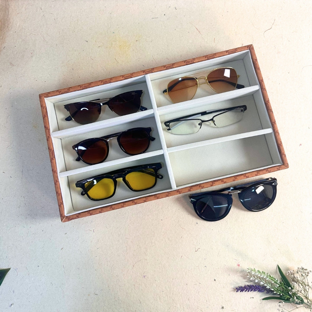 Tan Sunglass Organiser Tray – 6 Slot Premium Leatherette Box by LaTrove.