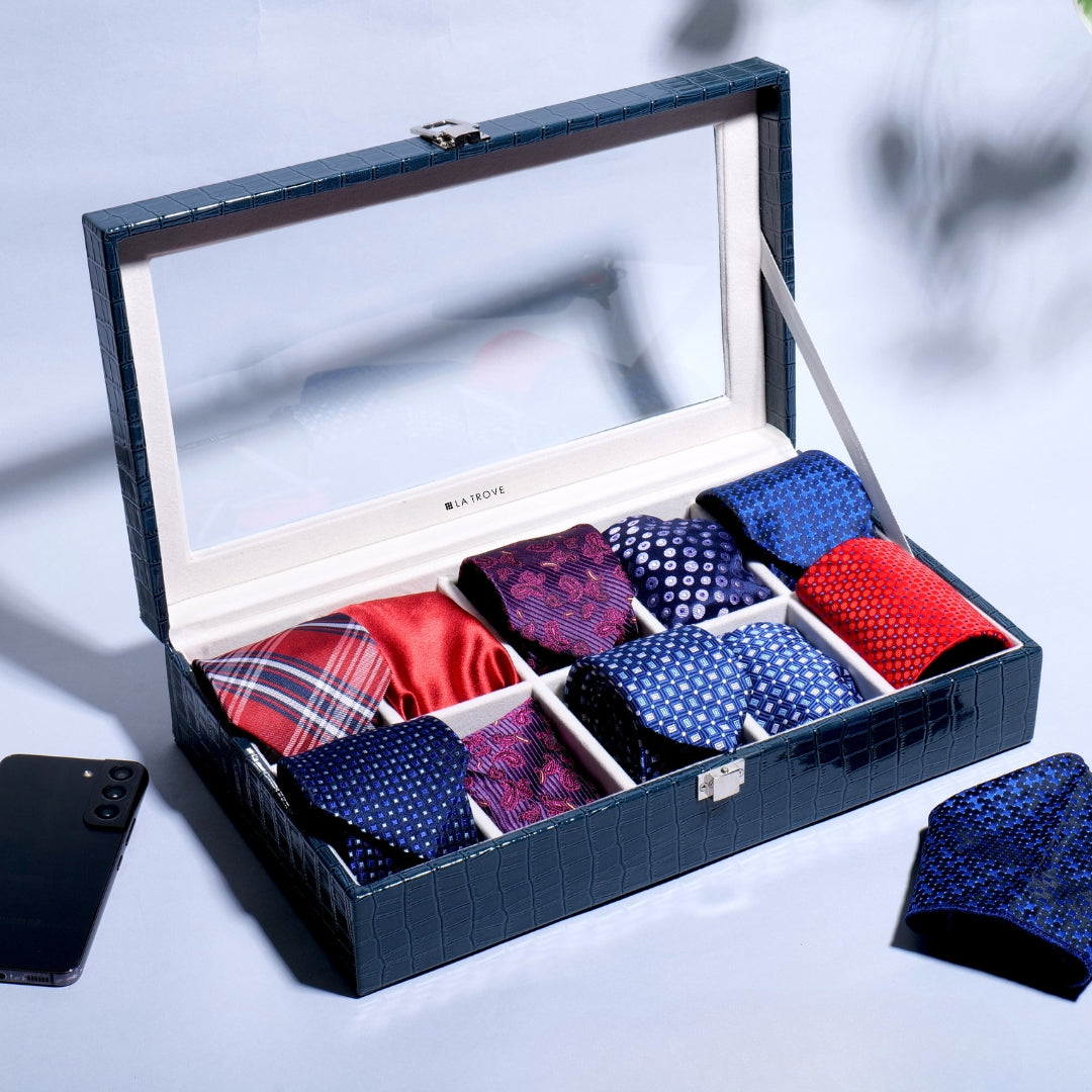 Blue 10 Slot Tie Box with Glass Cover – Sleek Wardrobe Storage Solution.