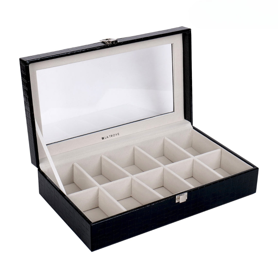10 Slot Tie Pocket Square Box With Glass Top
