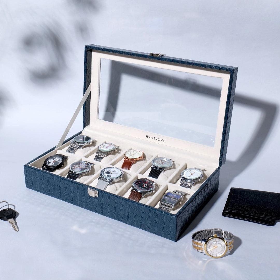 10 Slot Blue Leather Watch Organizer Box with Glass Top by La Trove.