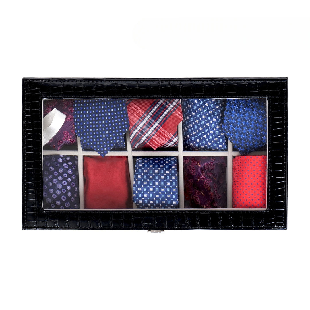 10 Slot Tie Pocket Square Box With Glass Top