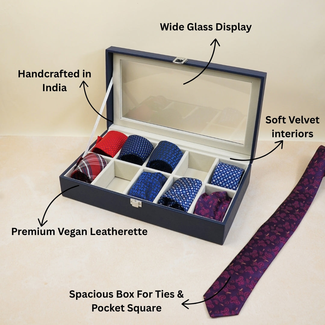TBT 10 Slot Tie & Pocket Square Box With Glass Top