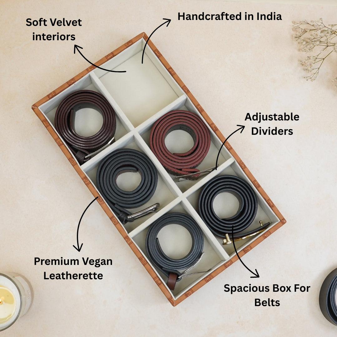 Premium Tan Belt Storage Box – 6-Slot Organizer Tray.