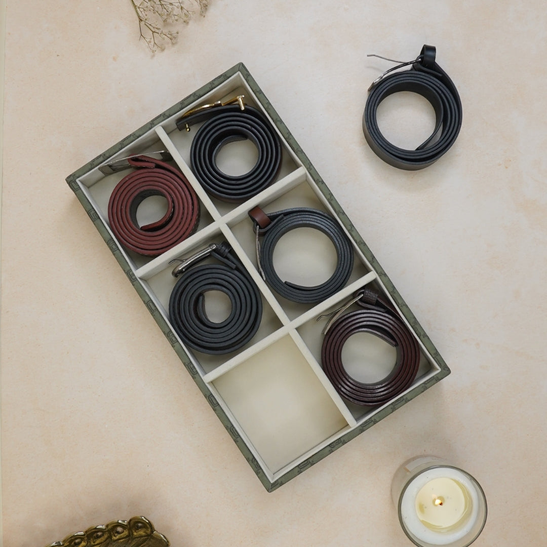 Olive Green Leatherette Belt Tray – 6 Slot Designer Organizer.