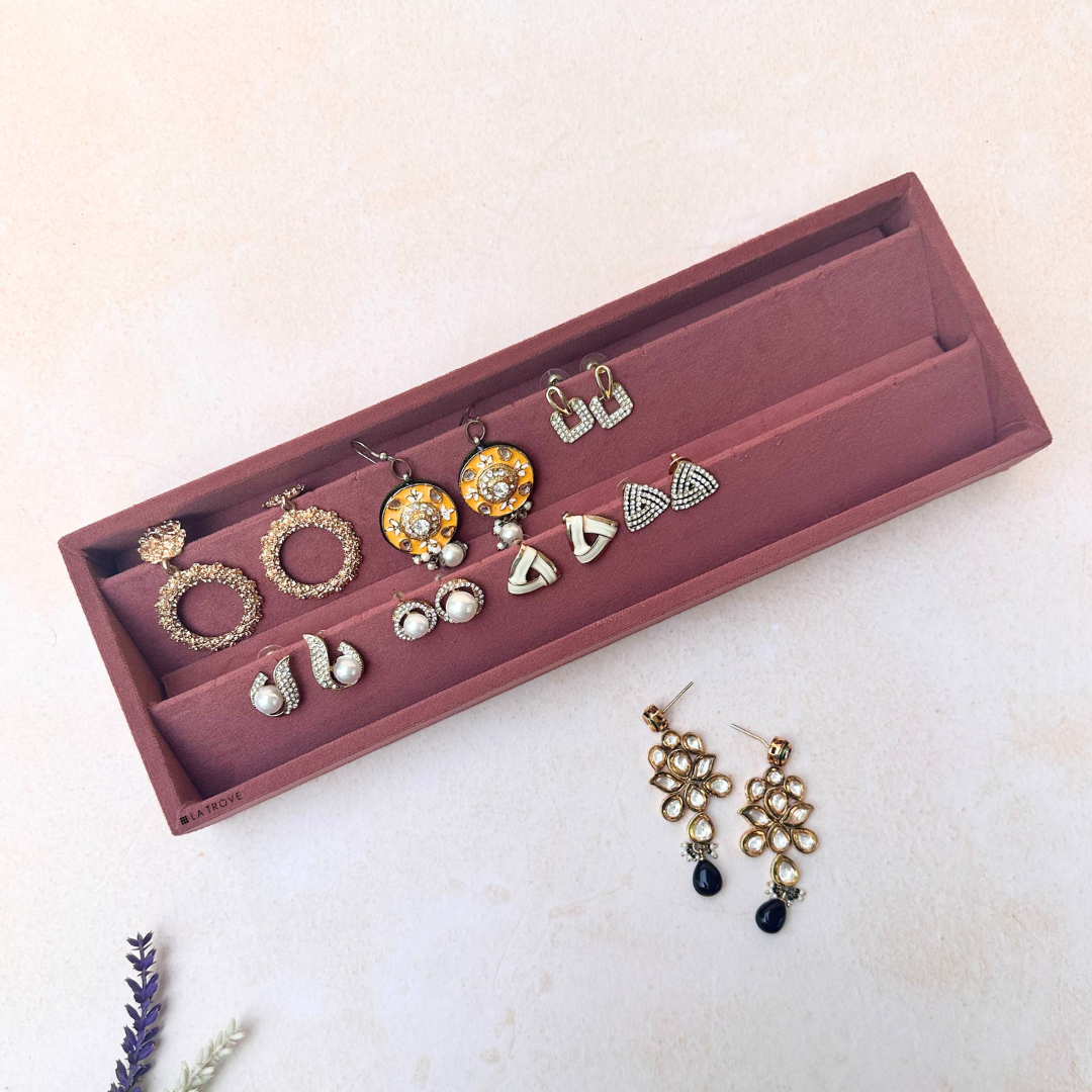 Dark pink velvet earring tray organiser with pre-cut holes and rows