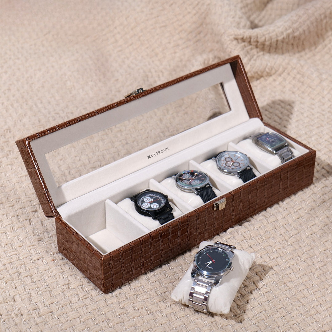 5 Slot Brown Leather Watch Organizer Box with Glass Top by La Trove.