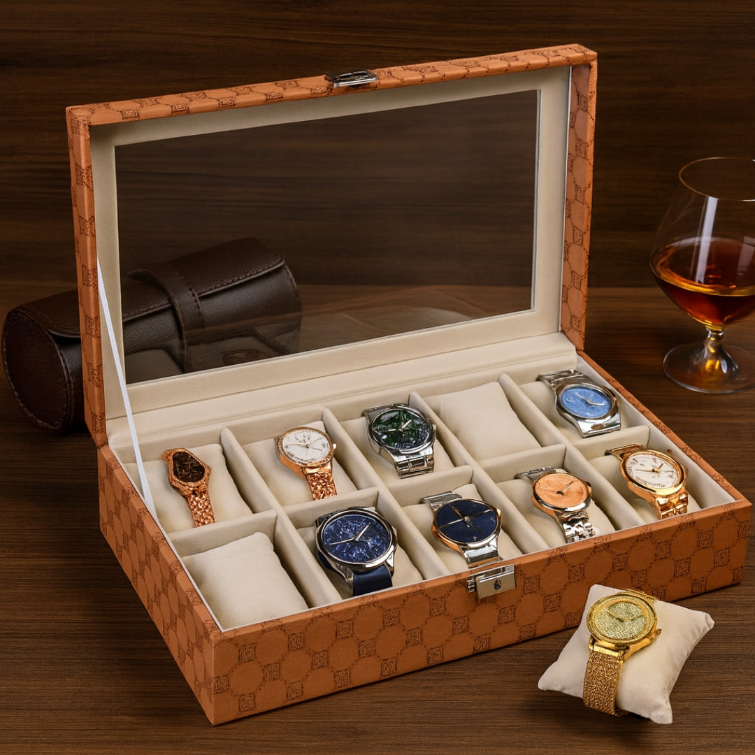 Designer 10 Slot Watch Box With Glass Top