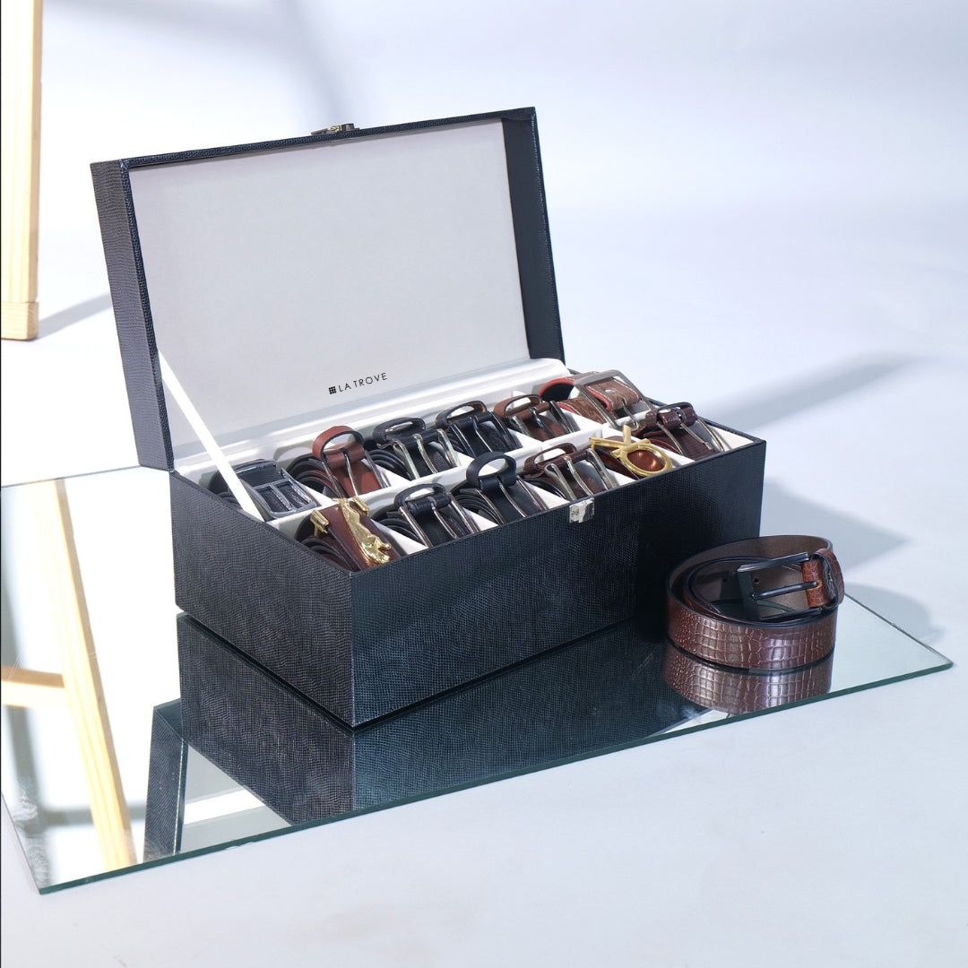 Black 12 Slot Belt Box – Modern High-Capacity Organizer.