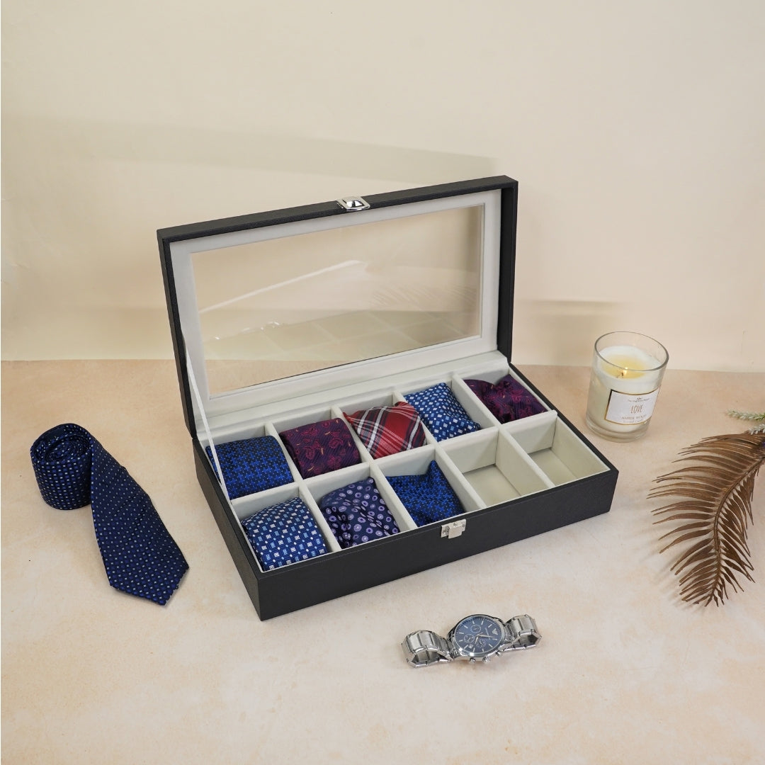 TBT 10 Slot Tie & Pocket Square Box With Glass Top
