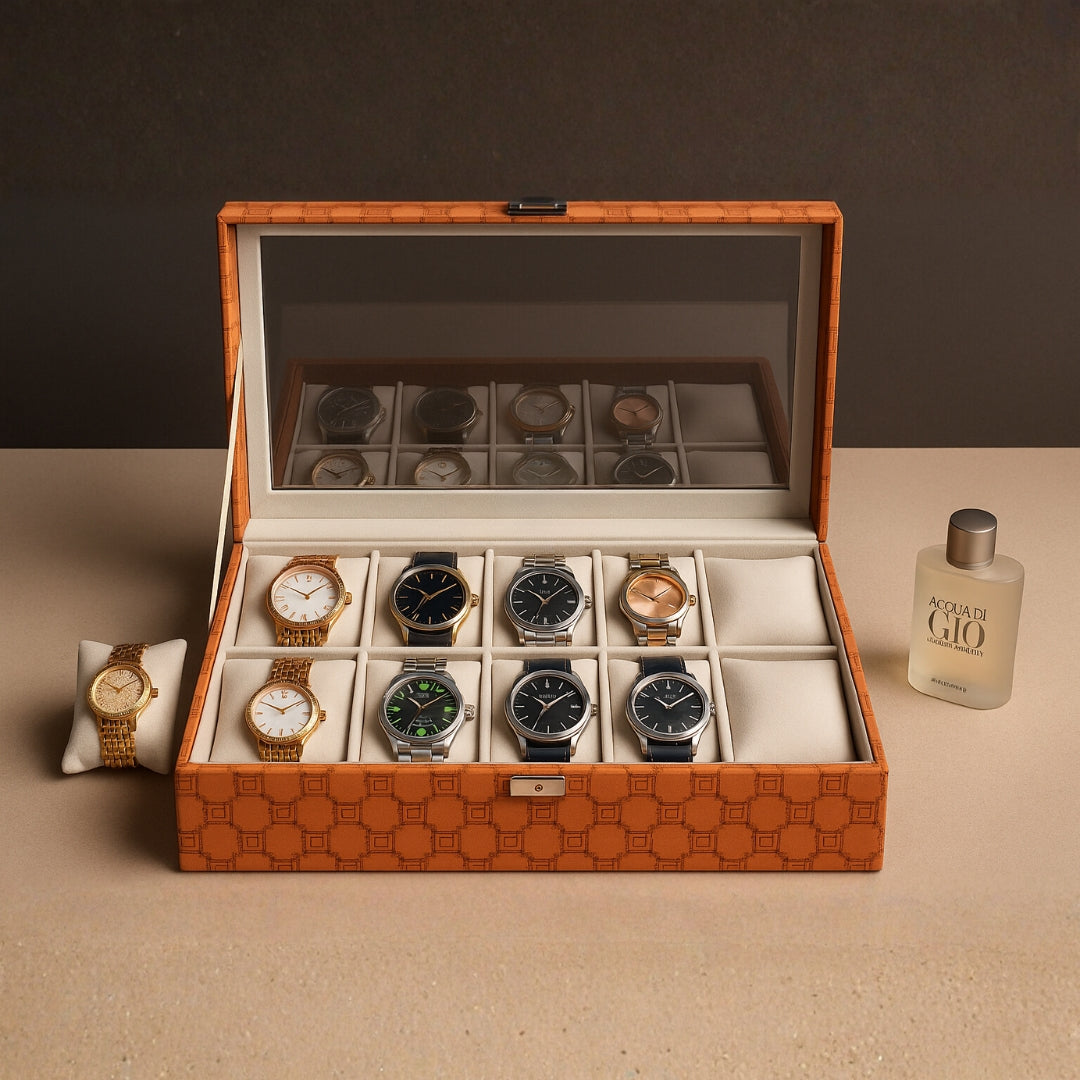 Designer 10 Slot Watch Box With Glass Top