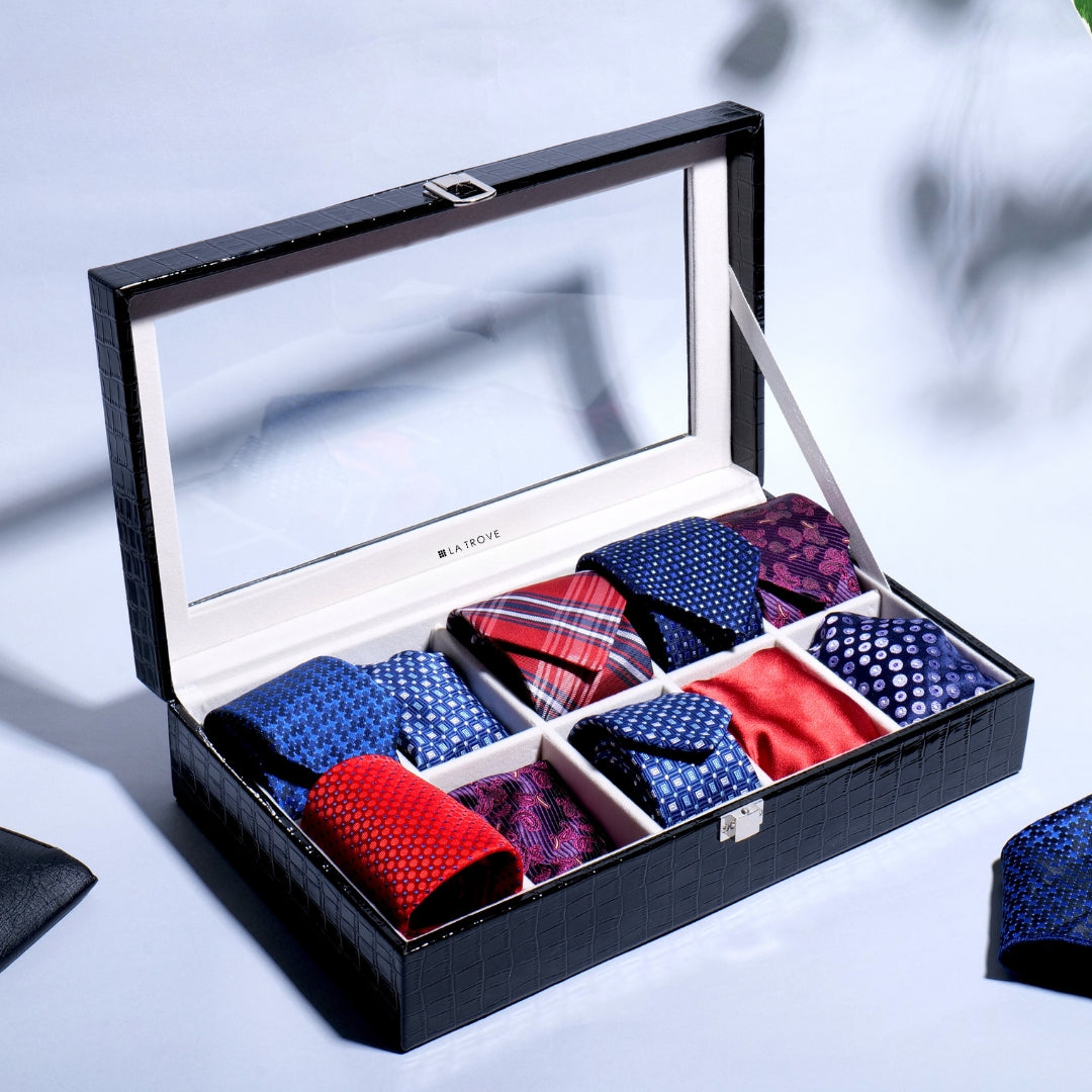 Black 10 Slot Tie & Pocket Square Box with Glass Top – Elegant Leatherette Organizer.