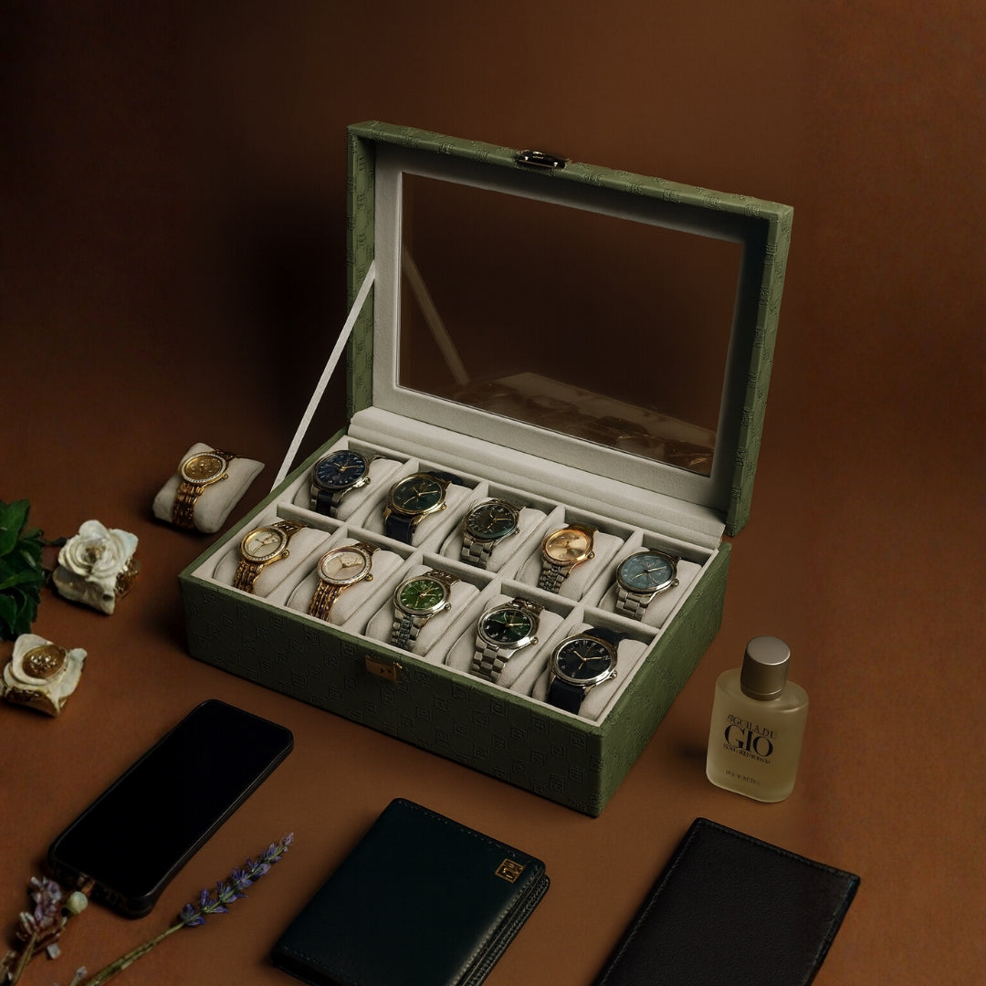 Designer 10 Slot Watch Box With Glass Top