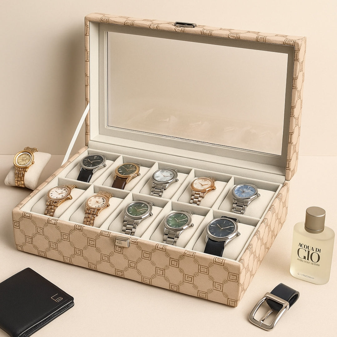 Designer 10 Slot Watch Box With Glass Top