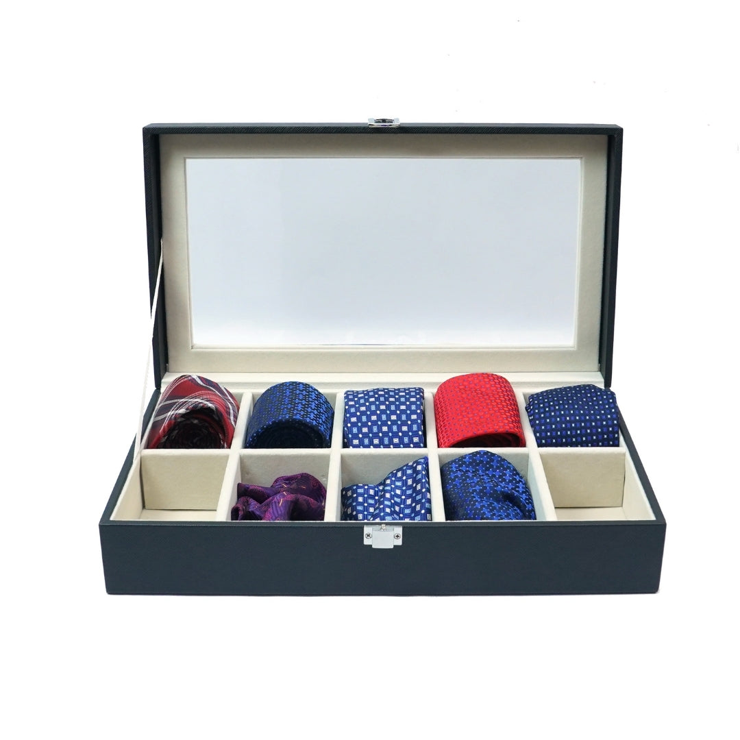 TBT 10 Slot Tie & Pocket Square Box With Glass Top