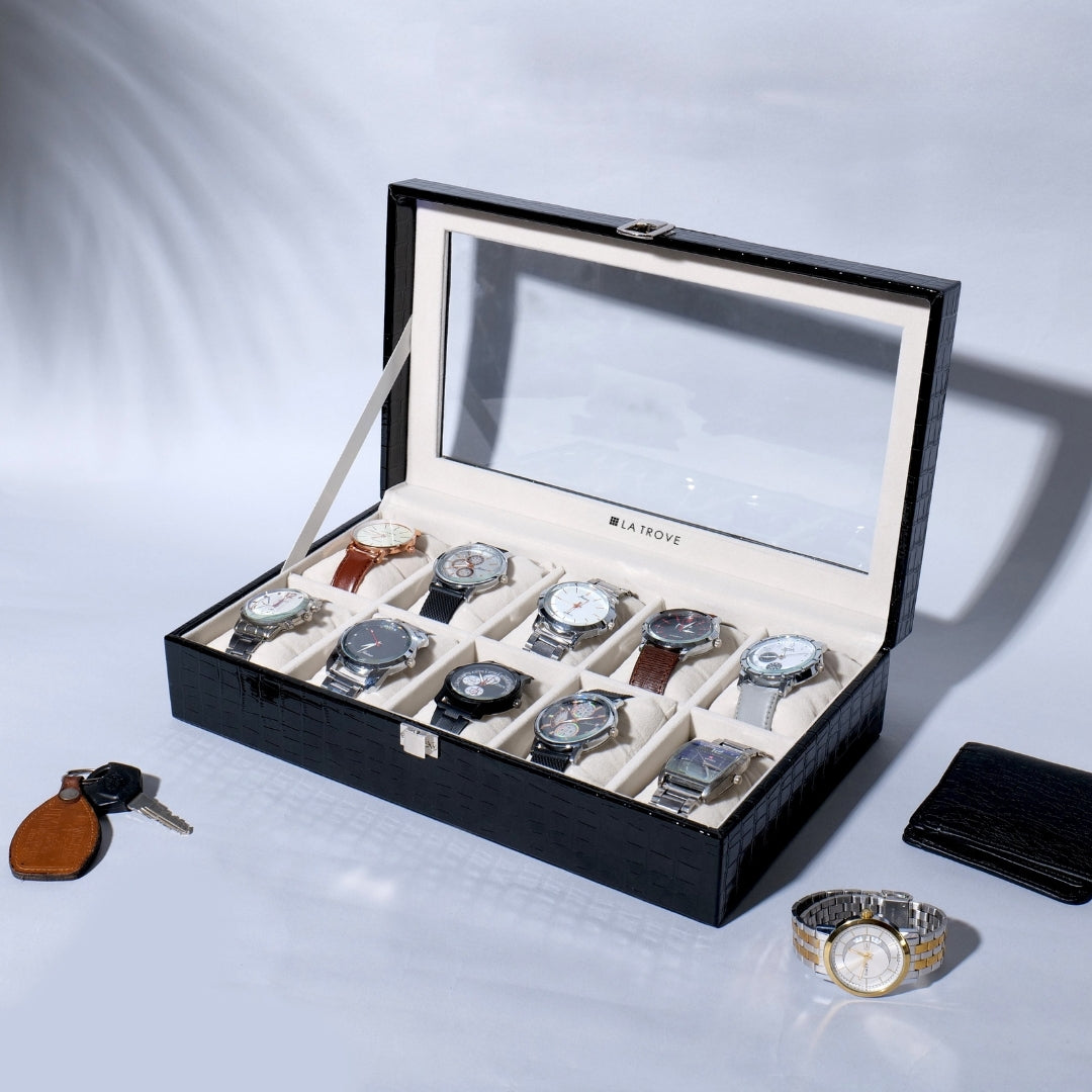 10 Slot Black Leather Watch Organizer Box with Glass Top by La Trove.