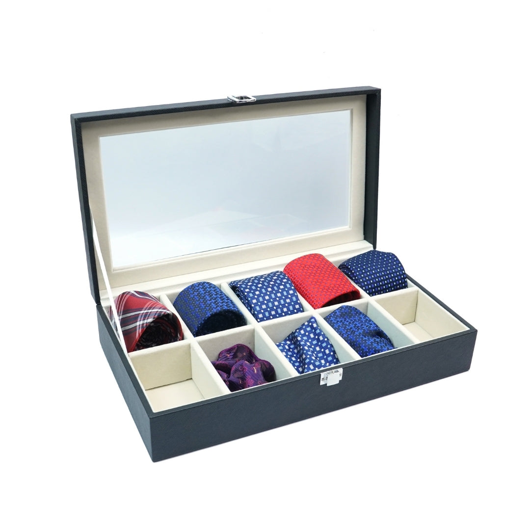TBT 10 Slot Tie & Pocket Square Box With Glass Top