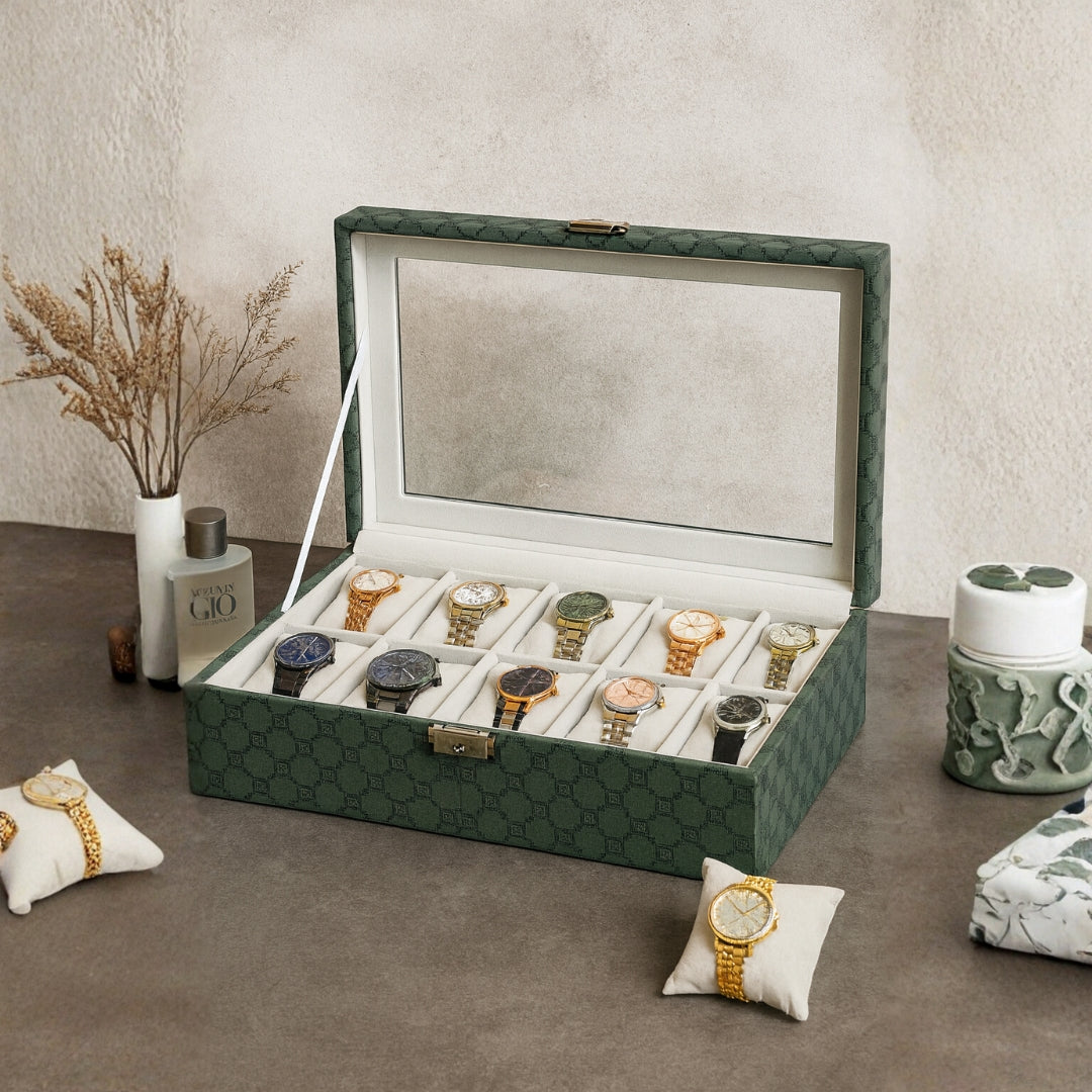 Designer 10 Slot Watch Box With Glass Top