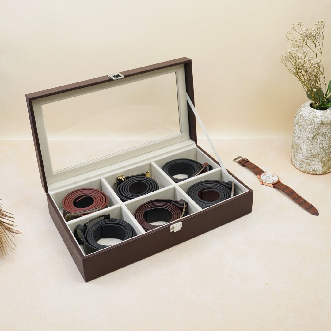 6 slot belt organiser with glass grid- burgundy