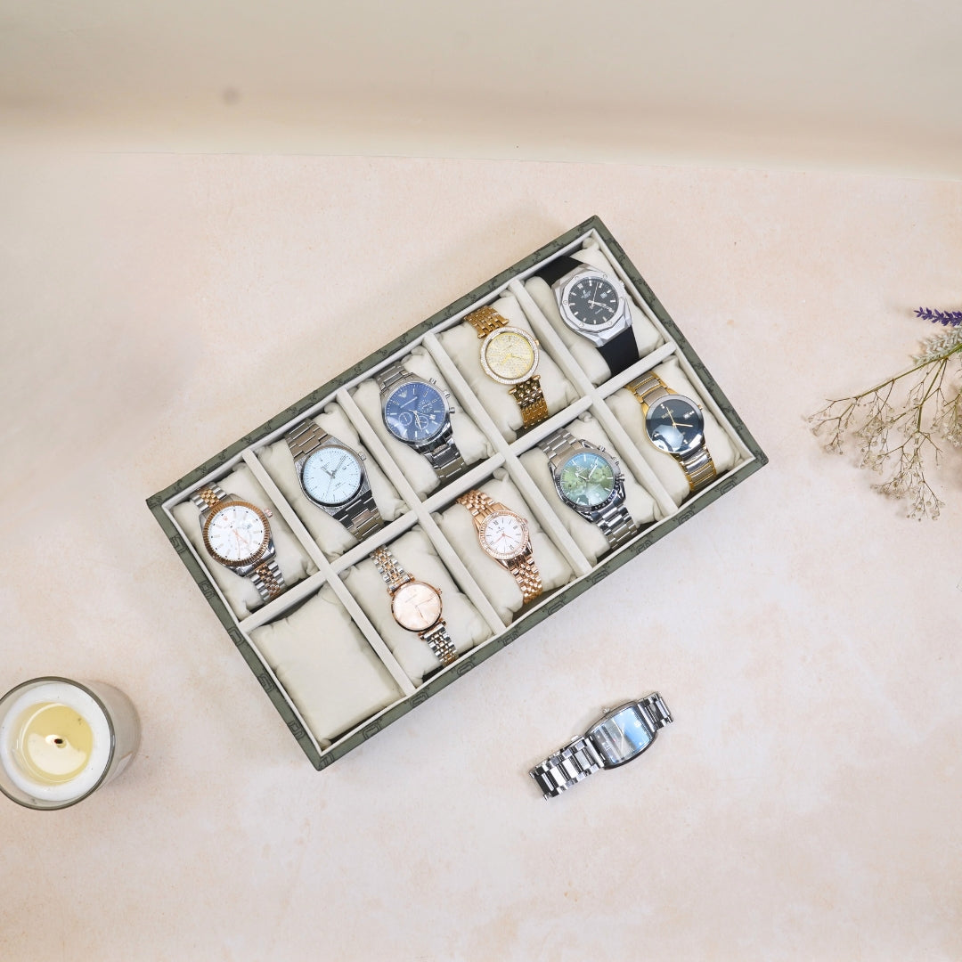 Olive Green 10 Slot Watch Tray – Designer Leatherette Organizer.