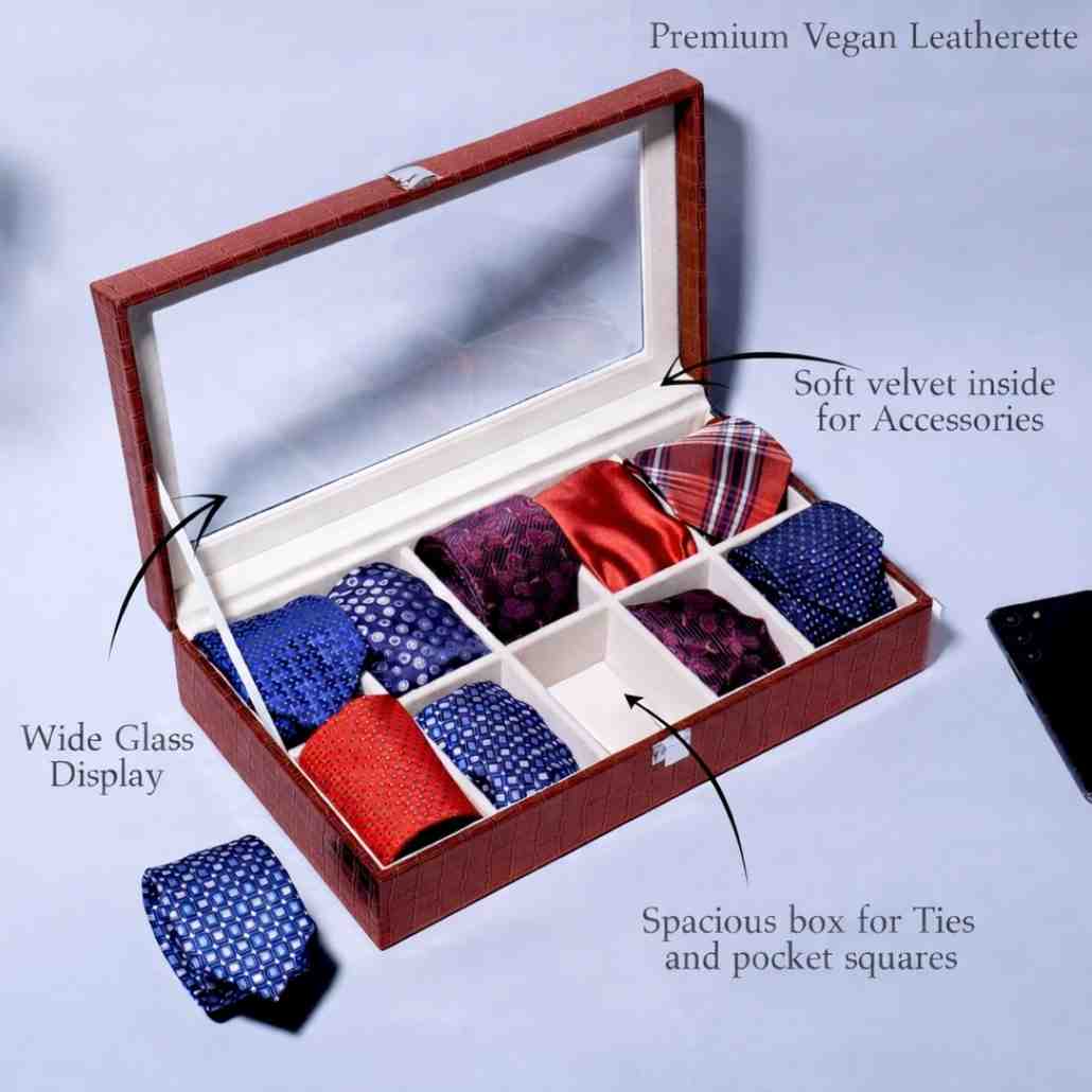 10 Slot Tie Pocket Square Box With Glass Top