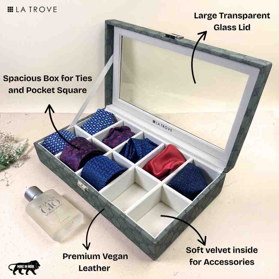 Designer 10 Slot Tie Pocket Square Box With Glass Top