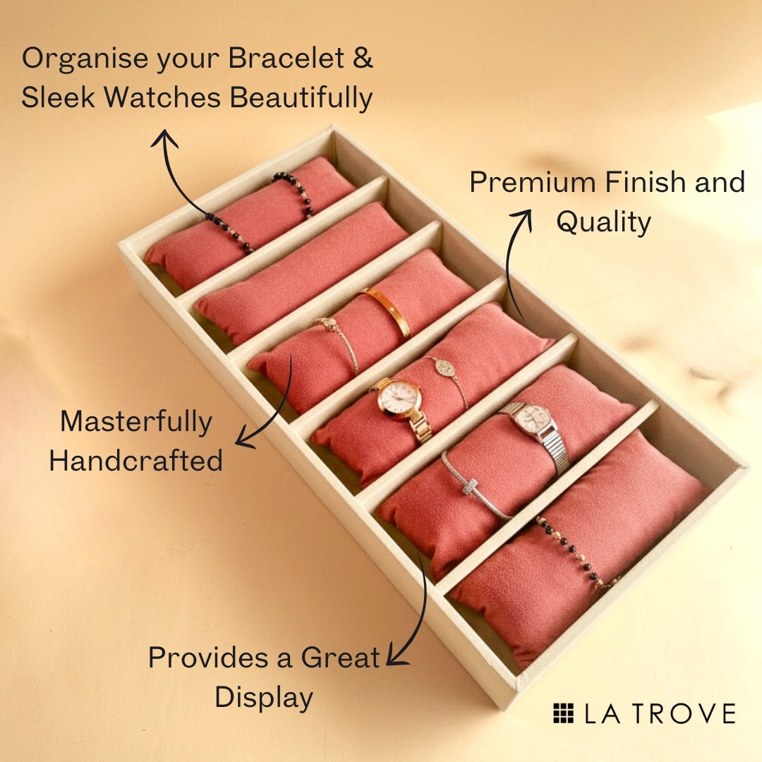 Cream 6-Grid Tray with Dark Pink Velvet Pillows for Watches & Accessories.