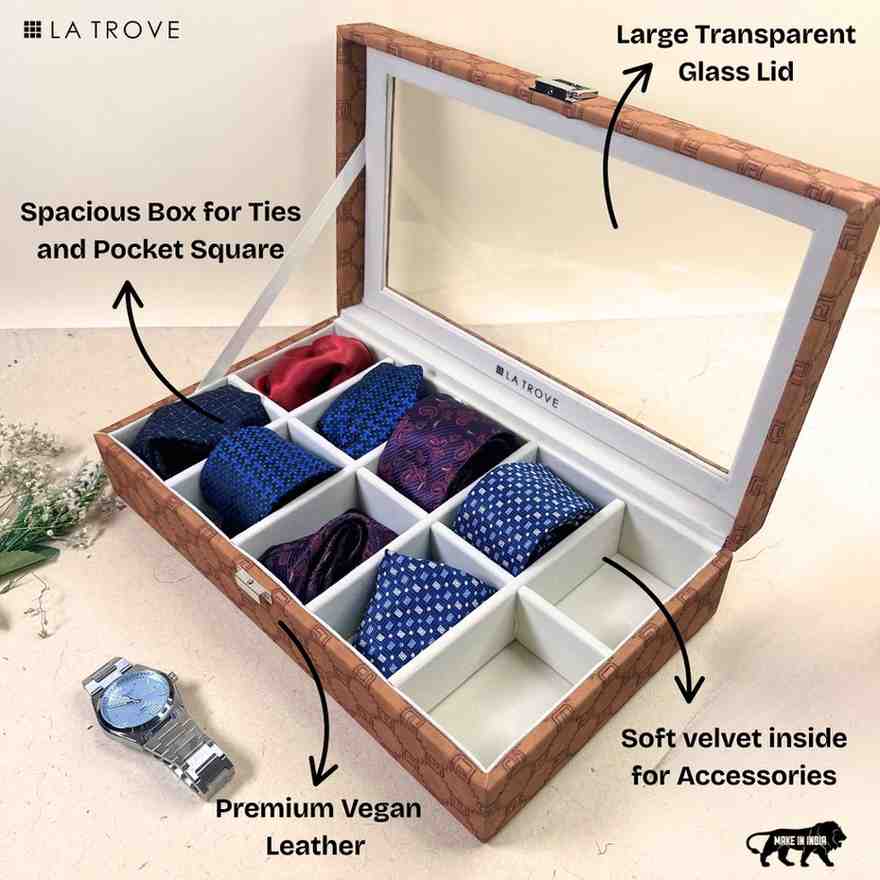 Designer 10 Slot Tie Pocket Square Box With Glass Top