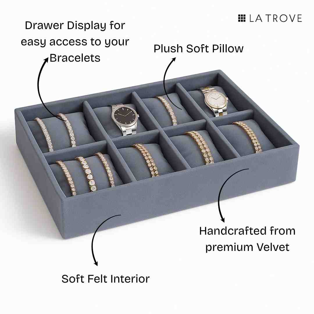 Features of grey 8 slot velvet bracelet storage tray with dedicated compartments by La Trove