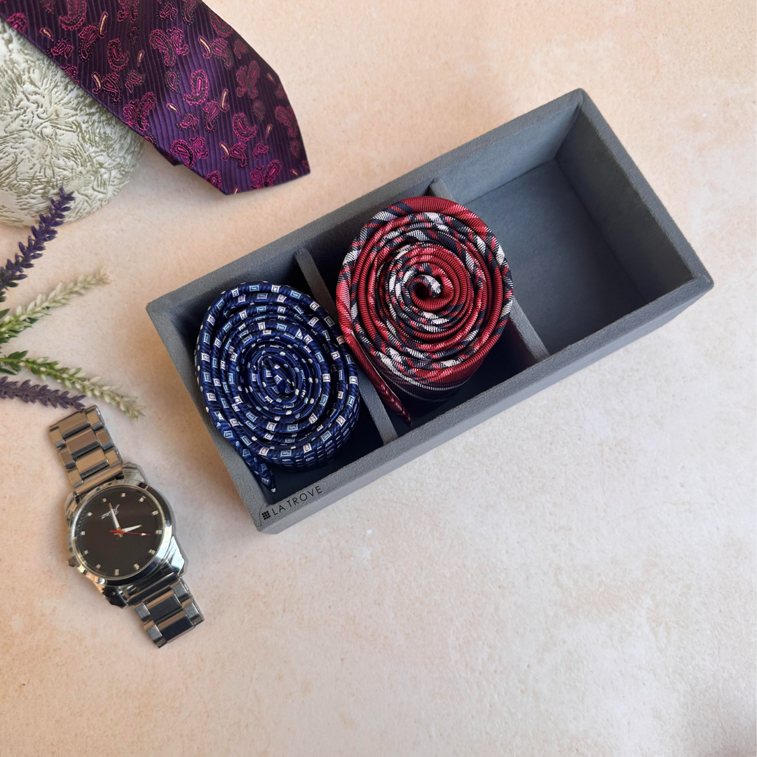 3-slot grey velvet tie tray with leatherette finish