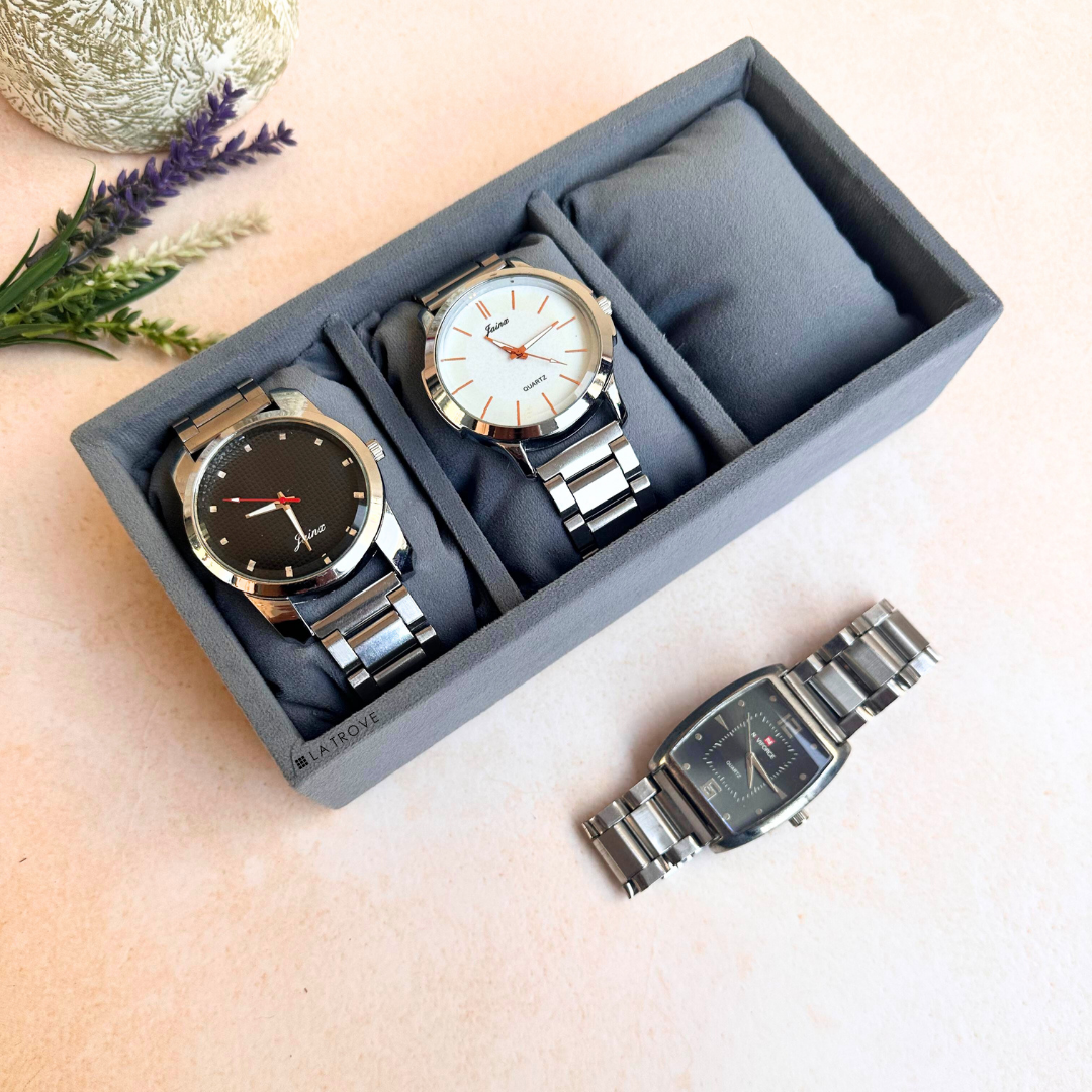 3-slot grey velvet watch tray with leatherette finish