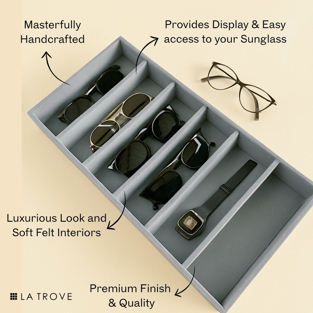 Grey 6-Grid Sunglass Tray for Organizing Sunglasses & Accessories.