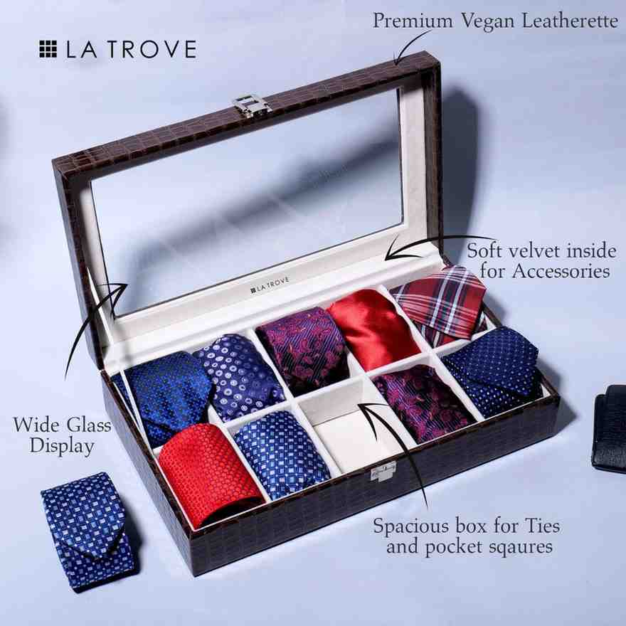 10 Slot Tie Pocket Square Box With Glass Top