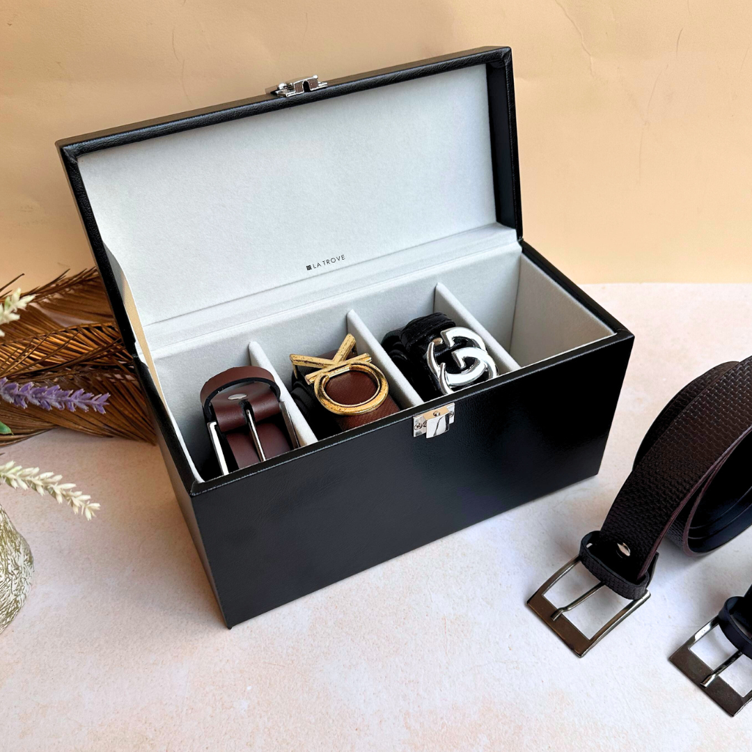 Black 4 Slot Belt Box – Classic Travel-Friendly Organizer.