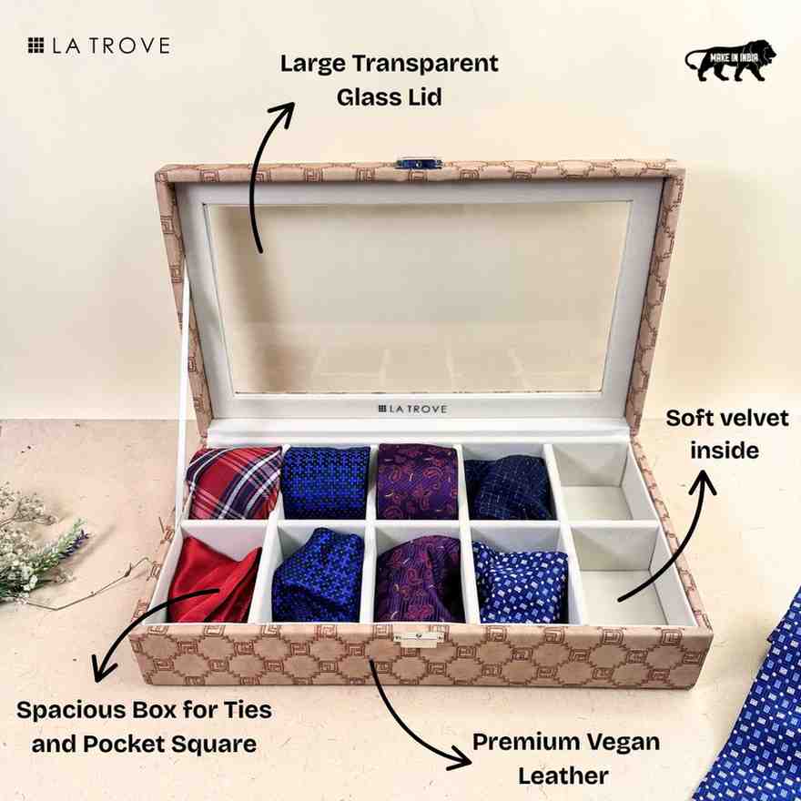 Designer 10 Slot Tie Pocket Square Box With Glass Top