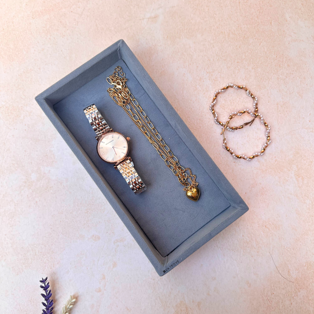 Grey velvet jewellery organiser tray with minimalist open surface