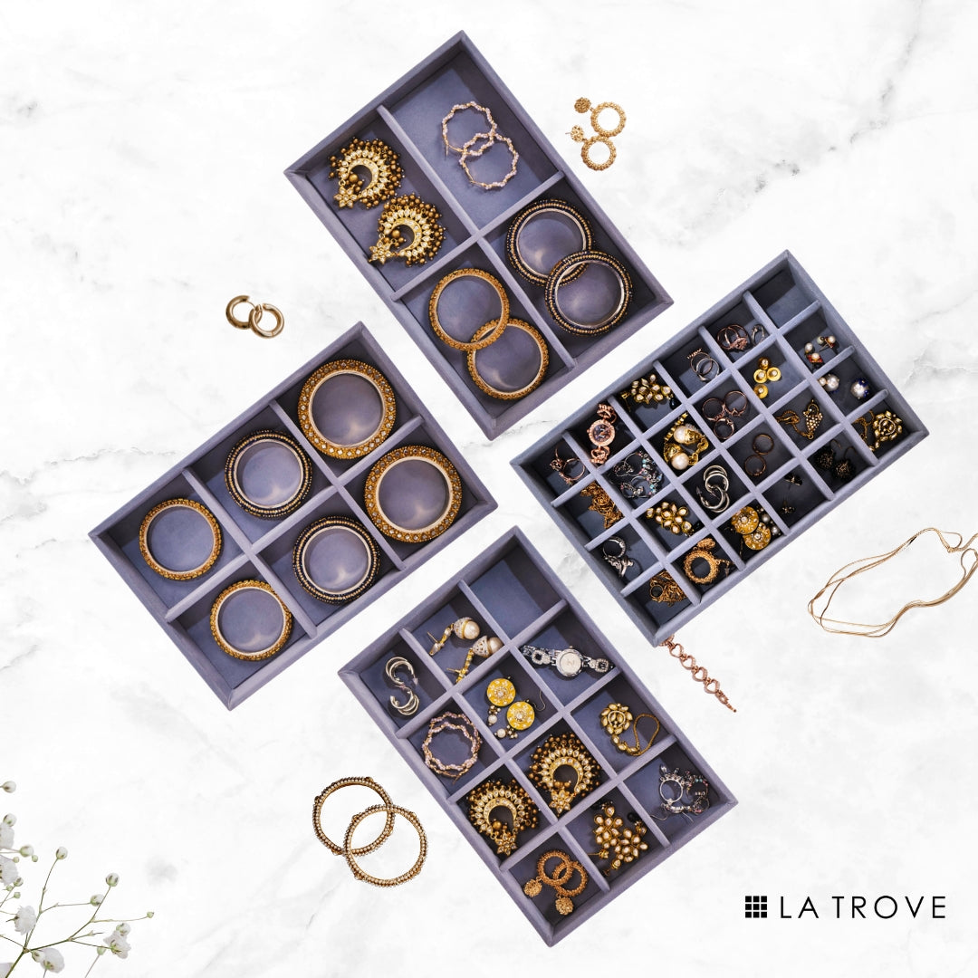 Drawer Stackable Jewellery Trays – Velvet Grid Organisers (4, 6, 12, 24)