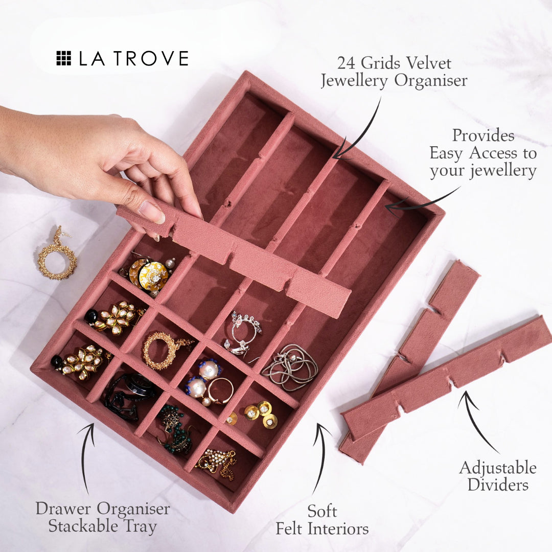 Luxury 24 Grids Jewellery Tray – Velvet Organiser for Elegant Storage
