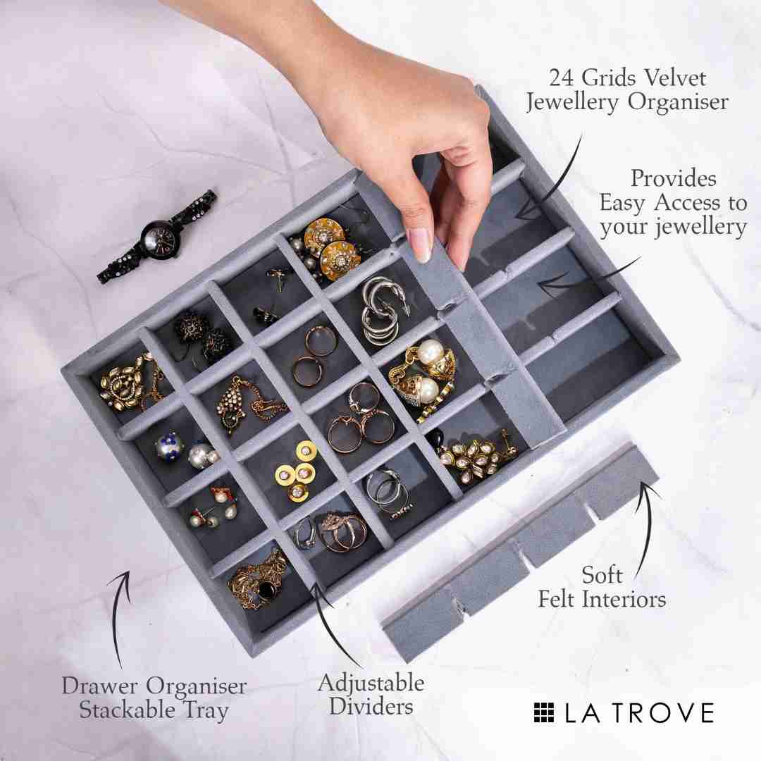 Luxury 24 Grids Jewellery Tray – Velvet Organiser for Elegant Storage