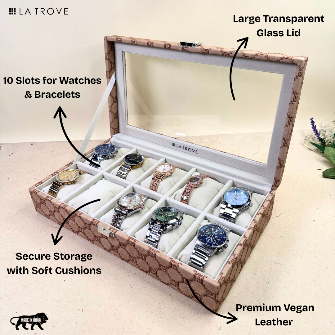 Designer 10 Slot Watch Box With Glass Top