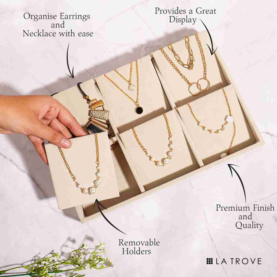 La Trove necklace organiser jewellery tray storing chains and pendants neatly in structured compartments.
