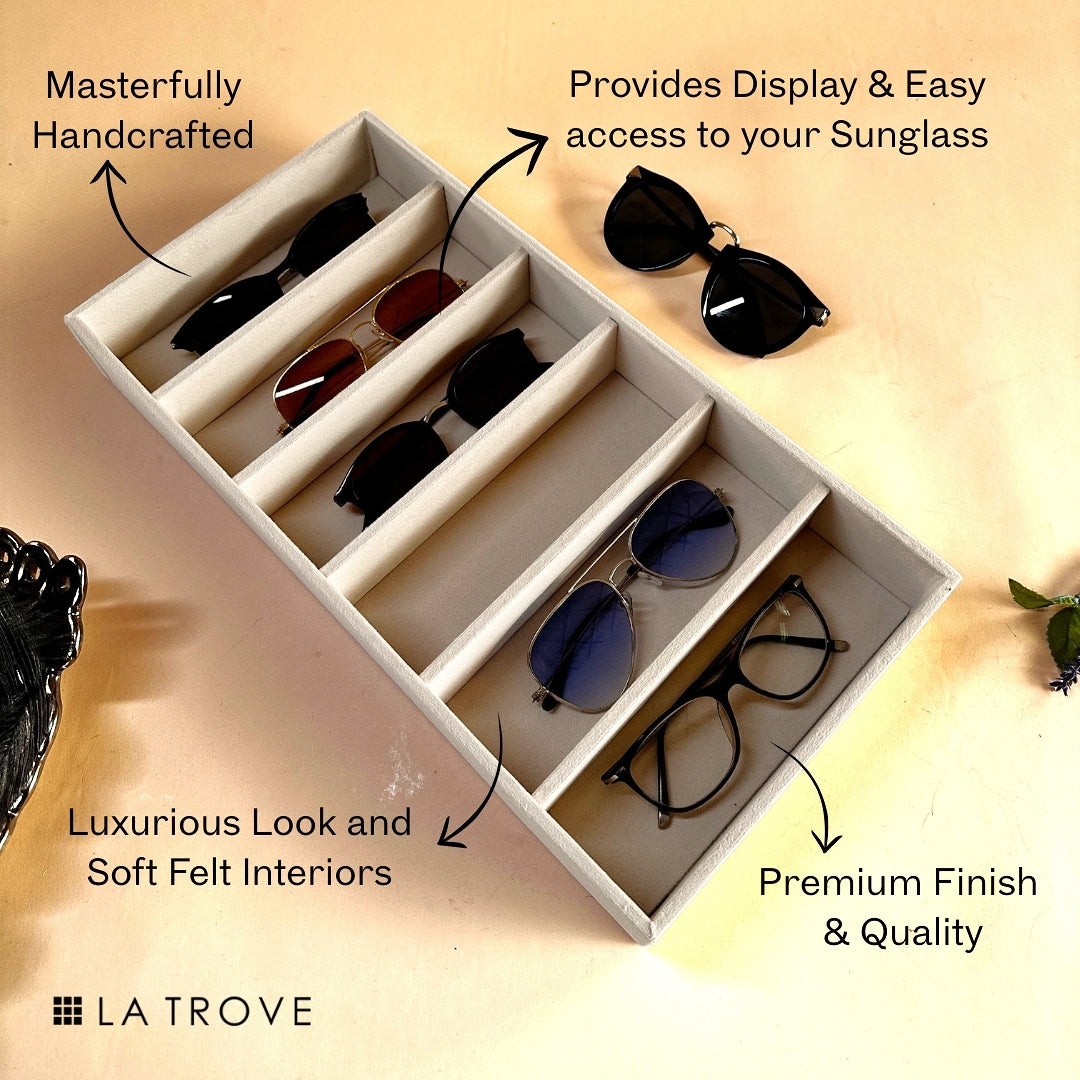 Cream 6-Grid Sunglass Tray for Organizing Sunglasses & Accessories.