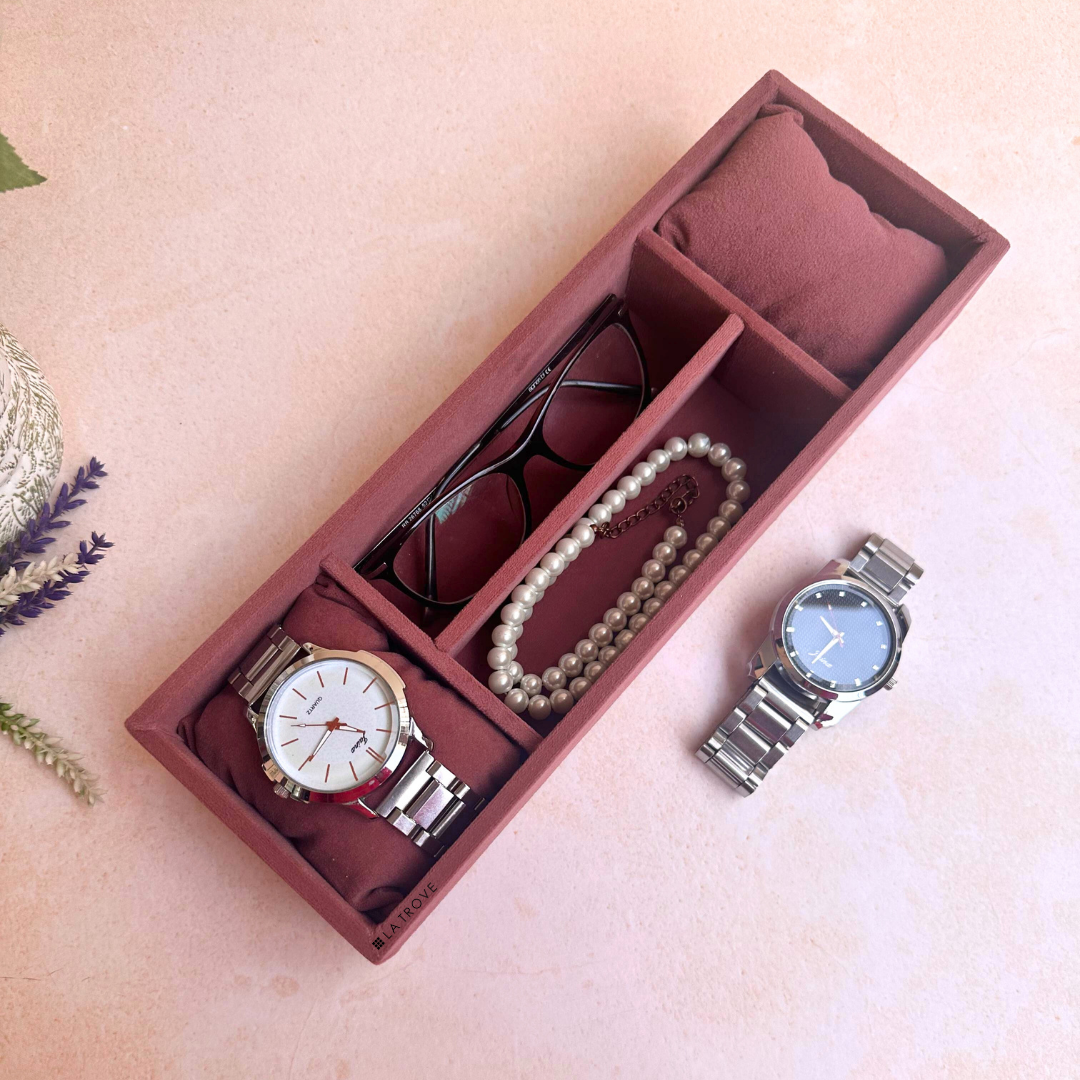 Dark Pink Watch & Sunglass Tray – Elegant 4 Slot Storage.