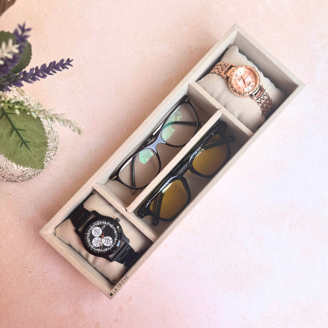 Cream 4 Slot Tray – Minimalist Watch & Sunglass Organizer.