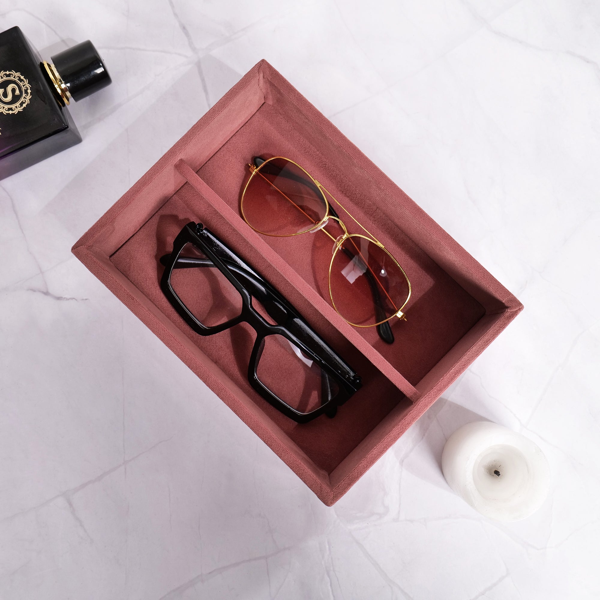 Dark pink 2-slot sunglass tray with soft velvet interior