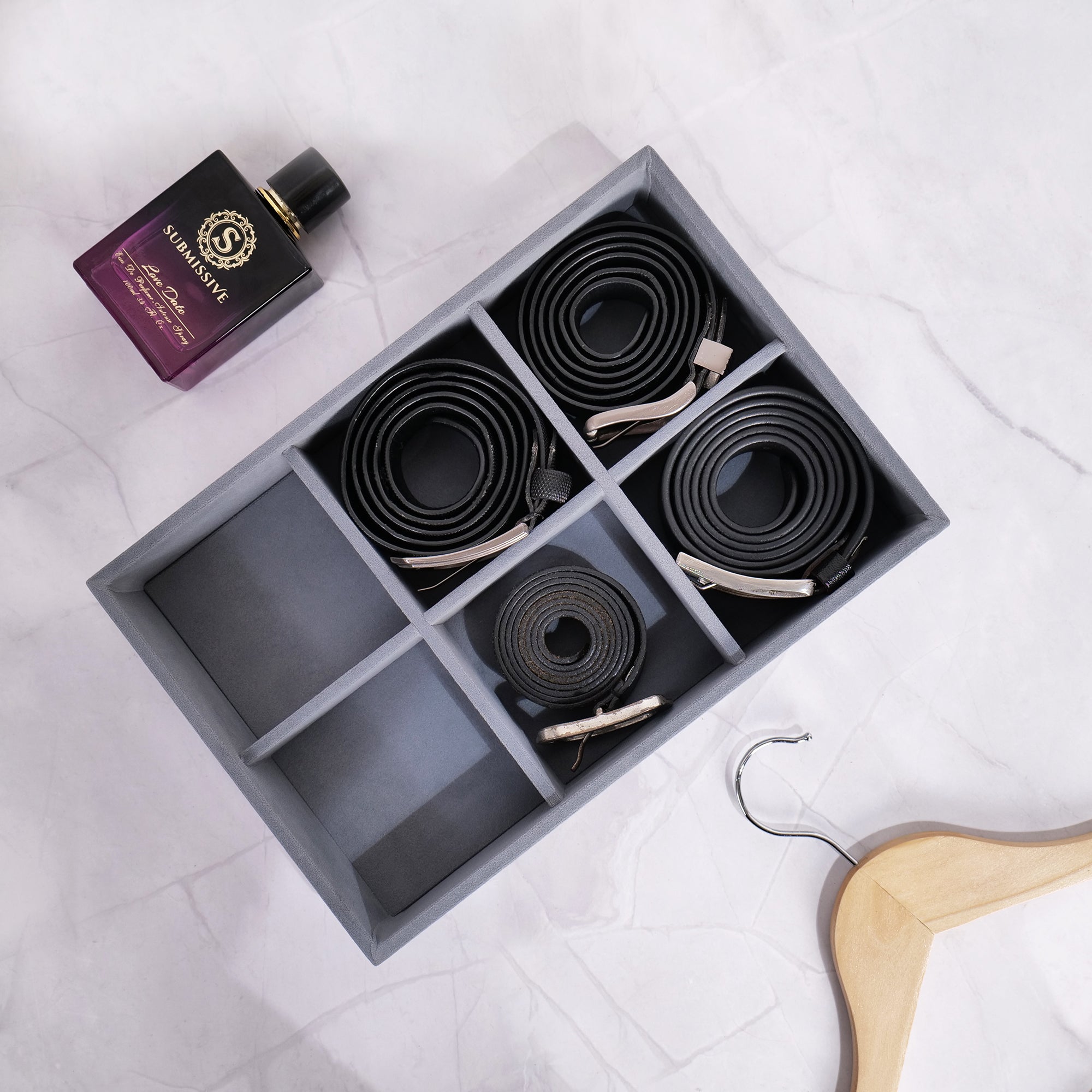 Grey 6-slot velvet belt organizer tray with leatherette frame