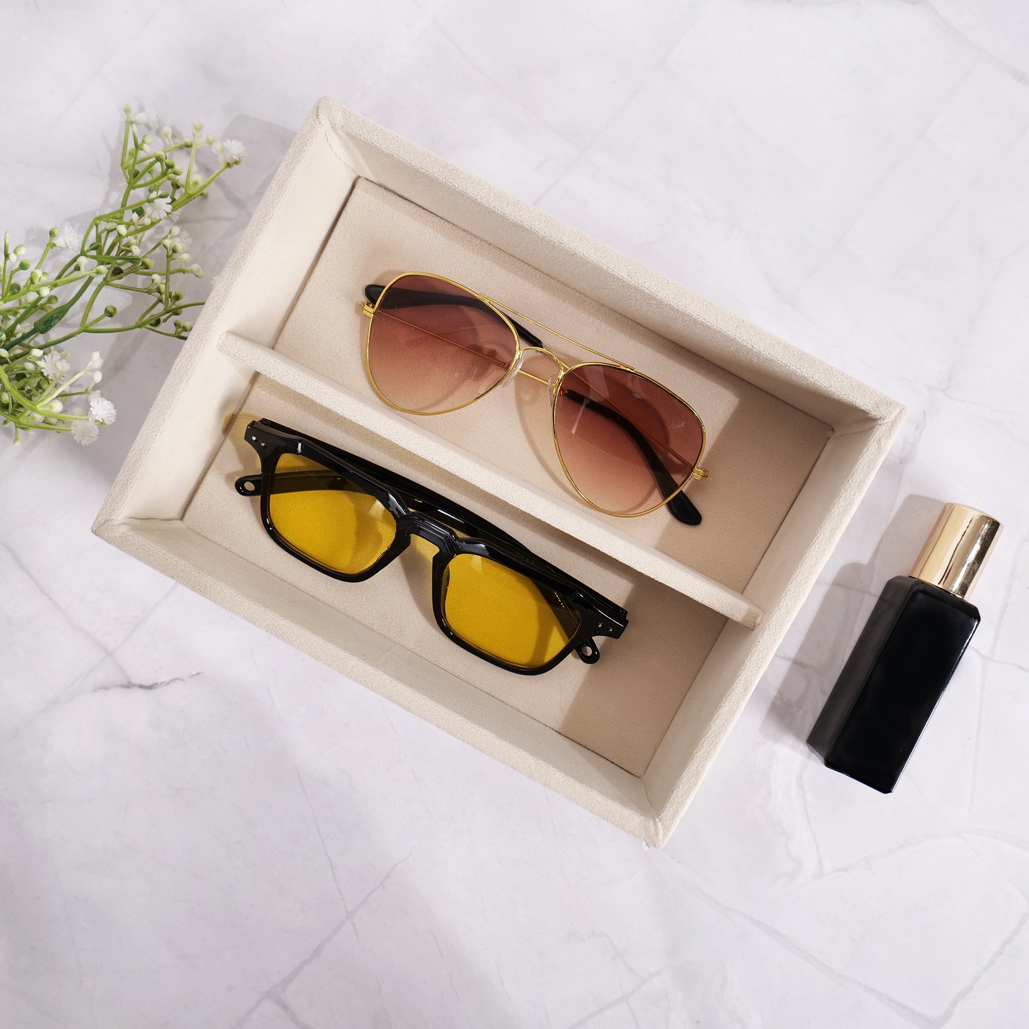 Cream velvet 2-slot sunglass organizer tray with structured design
