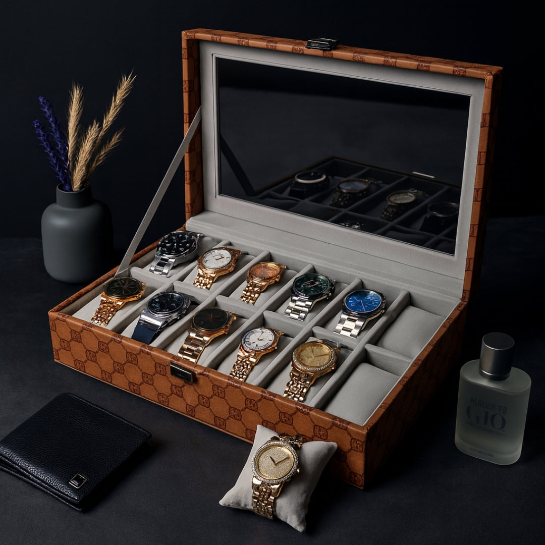 Designer 12-Slot Watch Box with Glass Top