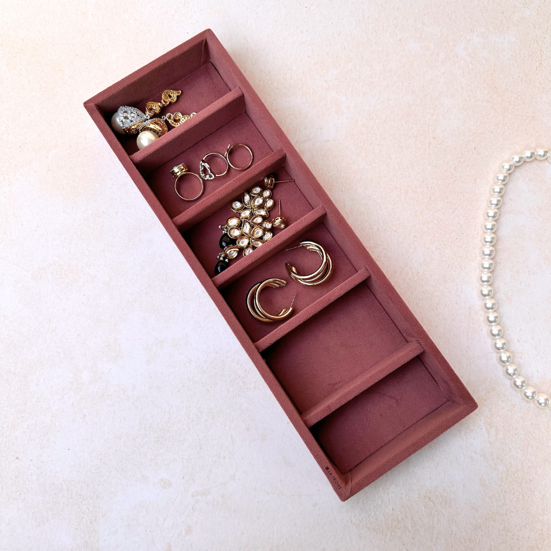Dark pink velvet 6 slot jewelry tray for rings, earrings, and more