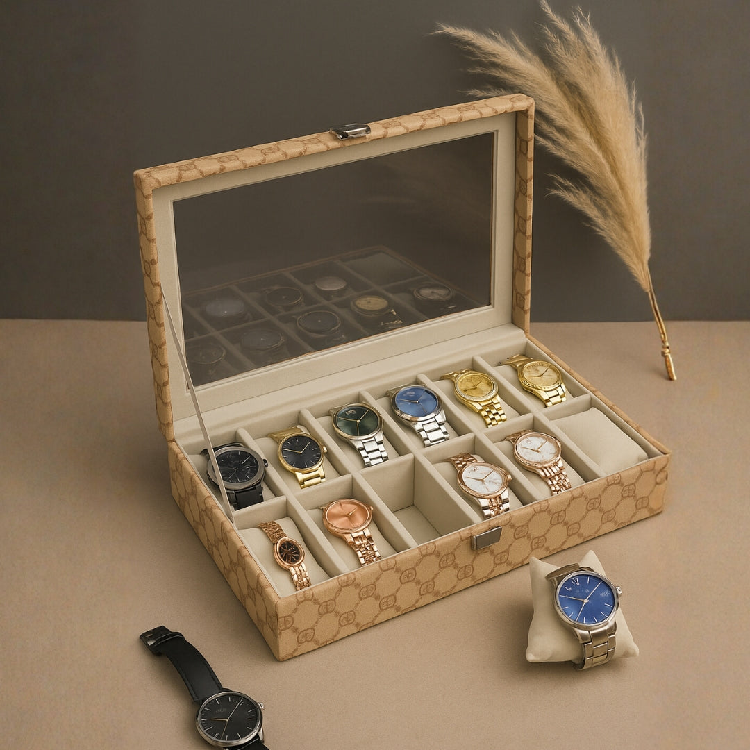 Designer 12-Slot Watch Box with Glass Top