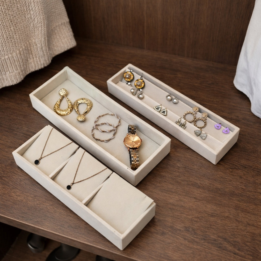 3 grid jewellery tray combo with necklace earring and plain organiser for drawer storage.